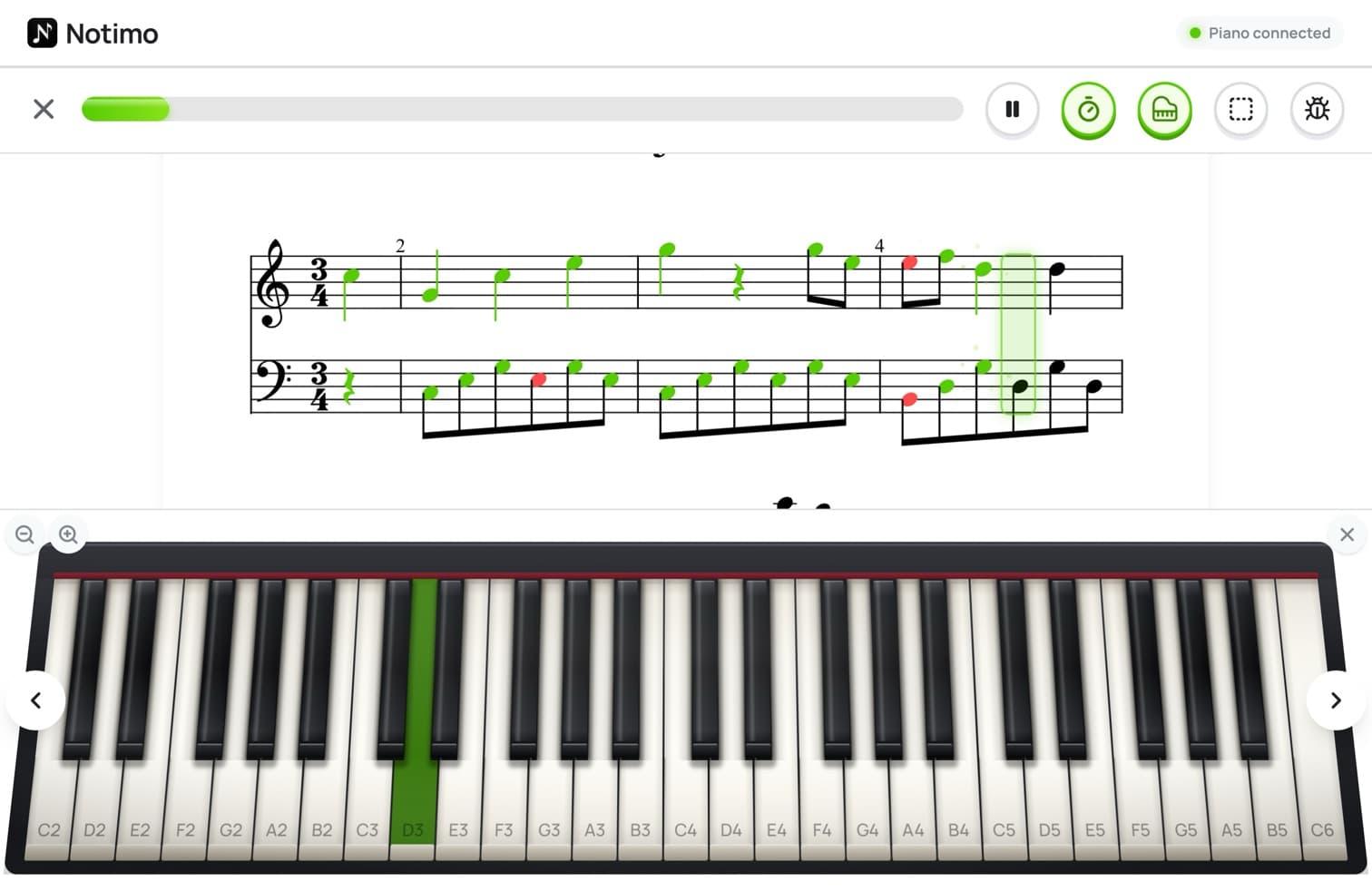 An iPad showing Notimo: the sheet music at the top, the keyboard below it