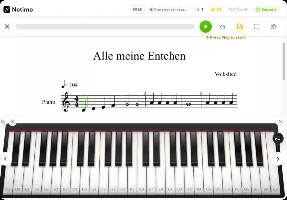 An iPad showing Notimo: the sheet music at the top, the keyboard below it